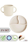 2'li Silikon Bebek Beslenme Seti - Vakumlu Tabak, Çift Kulp Kupa Bardak - Bej