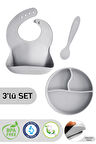3'lü Silikon Beslenme Seti - Silikon Mama Önlüğü, Vakumlu Tabak, Diş Kaşıyıcılı Kaşık, Gri