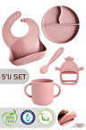 5'li Set Silikon Mama Önlüğü, Kulplu Bardak, Vakumlu Tabak, Mama Kaşığı,diş Kaşıyıcı,pembe