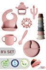 8'li Set Silikon Mama Önlüğü, Bardak, Vakumlu Tabak, Kaşık, Dişlik, Kule Oyuncağı - Pembe