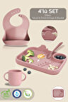 4'lü Silikon Beslenme Seti- 3 Bölmeli Beslenme Tabağı- Silikon Kaşık - Silikon Önlük- Bardak - Pembe