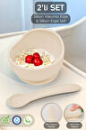2'li Silikon Bebek Beslenme Seti - Vakumlu Mama Kasesi - Diş Kaşıyıcı Silikon Kaşık - Bej