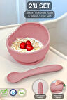 2'li Silikon Bebek Beslenme Seti - Vakumlu Mama Kasesi - Diş Kaşıyıcı Silikon Kaşık - Pembe