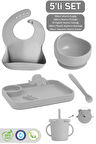 5'li Silikon Beslenme Seti - Bebek Mama Önlüğü - Tabak - Vakumlu Kase - Pipetli Bardak - Kaşık-Gri