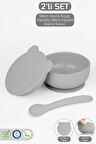 2'li Bebek Beslenme Seti - Vakumlu Silikon Kapaklı Mama Kasesi - Diş Kaşıyıcı Mama Kaşığı - Gri