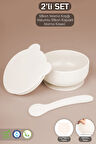 2'li Bebek Beslenme Seti - Vakumlu Silikon Kapaklı Mama Kasesi - Diş Kaşıyıcı Mama Kaşığı - Bej