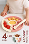 Puzzle Mama Tabağı Kaşık Seti - Silikon Vakum Tabanlı Yapboz Mama Tabağı Silikon Kaşık - Pembe Bej