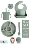 4'lü Silikon Beslenme Seti - Yapboz Puzzle Mama Tabağı Önlük Pipetli Bardak Diş Kaşıyıcı Kaşık Yeşil