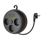 BUFFER® 3 Adet Soket,3 Adet USB ve 1 Adet Type-C Girişli Termal Akım Korumalı Makaralı Priz