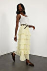 Sarı Beli Lastikli Volanlı Maxi Etek 4097