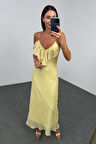 Sarı V Yaka Fırfırlı Elbise 