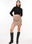 Yüksek Bel Kahve Kadın Düz Kısa Etek PBF3W-ETK-002