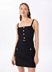 Fabrika Kare Yaka Düz Siyah Mini Kadın Elbise F5SL-ELB0128
