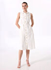 Fabrika Gömlek Yaka Düz Beyaz Diz Altı Kadın Elbise F5SL-ELB0015