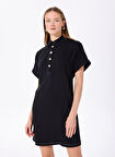 Fabrika Comfort Gömlek Yaka Düz Siyah Kısa Kadın Elbise FC5SL-ELB0074
