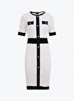 Fabrika Bisiklet Yaka Düz Örgü Desenli Beyaz - Siyah Kısa Kadın Elbise F5SL-ELB0225