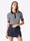 Fabrika Polo Yaka Dar Çizgili Lacivert - Beyaz Kazak Kadın F5SL-KZK0227