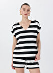 Fabrika V Yaka Çizgili Siyah - Ekru Kadın Sweatshırt F5SL-SWT0359