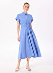 Fabrika Gömlek Yaka Düz Mavi - Beyaz Midi Kadın Elbise F5SL-ELB0394