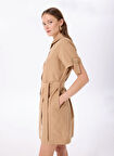 Fabrika Gömlek Yaka Düz Bej Kısa Kadın Elbise F5SL-ELB0153