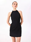 Fabrika Bisiklet Yaka Düz Siyah Mini Kadın Elbise F5SL-ELB0275