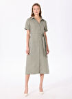 Fabrika Comfort Gömlek Yaka Düz Haki Diz Altı Kadın Elbise FC5SL-ELB0141