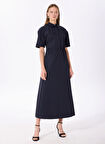 Fabrika Comfort Gömlek Yaka Düz Lacivert Diz Altı Kadın Elbise FC5SL-ELB0135