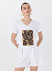 Beyaz Kadın Basic Baskılı T-Shirt F5SL-TST0454