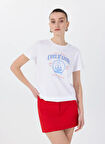 Fabrika Bisiklet Yaka Baskılı Beyaz Kadın T-Shirt F5SL-TST0466