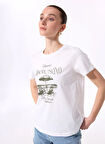 Fabrika Bisiklet Yaka Baskılı Beyaz Kadın T-Shirt F5SL-TST0473