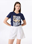 Fabrika Bisiklet Yaka Baskılı Lacivert Kadın T-Shirt F5SL-TST0451