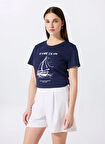 Fabrika Bisiklet Yaka Baskılı Lacivert Kadın T-Shirt F5SL-TST0446
