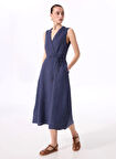 Fabrika Kruvaze Yaka Düz Lacivert Midi Kadın Elbise F5SL-ELB0397