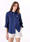 Lacivert Kadın Relaxed %100 Keten Gömlek J5SL-GML7158