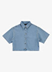 Fabrika Crop Gömlek Yaka Taşlı Açık İndigo Kadın Denim Gömlek F5SL-GML0167