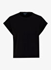 D5SL-TST3599 Siyah Bisiklet Yaka Rahat Kalıp Düz Kadın T-Shirt