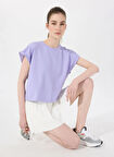 D5SL-TST3599 Lila Bisiklet Yaka Rahat Kalıp Düz Kadın T-Shirt