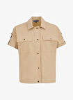 D5SL-GML3627 Bej Relaxed Fit Baskılı Kadın Gömlek