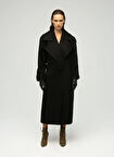 Maximus Geniş Yaka Uzun Siyah Kadın Palto