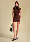 People By Fabrika Yuvarlak Yaka Düz Kahve Mini Kadın Elbise PBF5WL-ELB0115