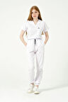 Beyaz Likralı Scrubs Jogger Paça Doktor Hemşire Forması Yarasa Kol Takım Unisex