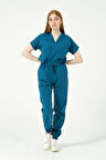 Turkuaz Likralı Scrubs Jogger Paça Doktor Hemşire Forması Yarasa Kol Takım Unisex