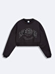 Bisiklet Yaka Slogan Baskılı Crop Siyah Sweatshırt