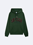 Uzun Kollu Kapüşonlu Slogan Baskılı Yeşil Sweatshırt