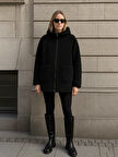 Uzun Kollu Kapüşonlu Fermuarlı Polar Siyah Mont