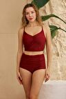 Bikini Takımı Yüksek Bel Toparlayıcı Önü Büzgülü Vişne