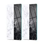 Decovetro Cam Kahve Sofra Sunum Tablası 2'li Set Siyah Beyaz Mermer Desenli 30 x 15 cm