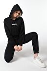 defy's KADIN BASKILI KAPÜŞONLU CROP SWEAT SİYAH - S