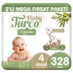 Baby Turco Doğadan 2'li Mega Fırsat Paketi Bebek Bezi 4 Numara Maxi 328 Adet