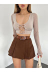 Kadın Kahverengi Piliseli Kemerli Mini Şortlu Etek
